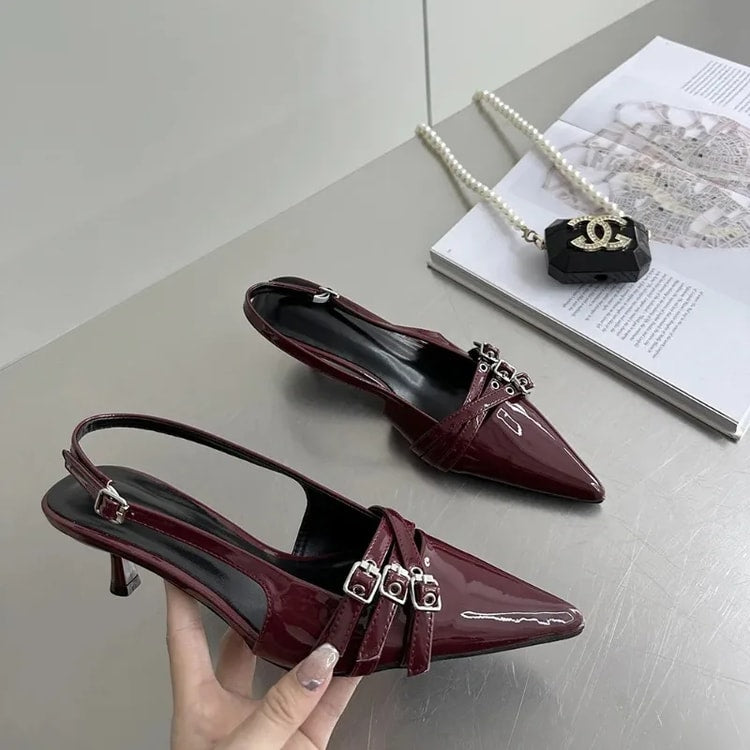 New Arrivals Pointed Toe Women Sandals Fashion Elastic Band Thin Mid Heels Red Black Silver Dress Shoes Woman Fashion
