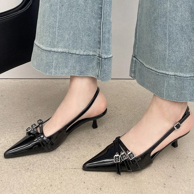 New Arrivals Pointed Toe Women Sandals Fashion Elastic Band Thin Mid Heels Red Black Silver Dress Shoes Woman Fashion