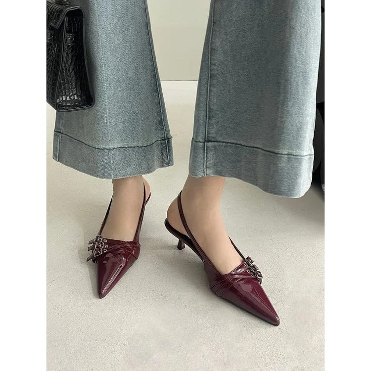 New Arrivals Pointed Toe Women Sandals Fashion Elastic Band Thin Mid Heels Red Black Silver Dress Shoes Woman Fashion