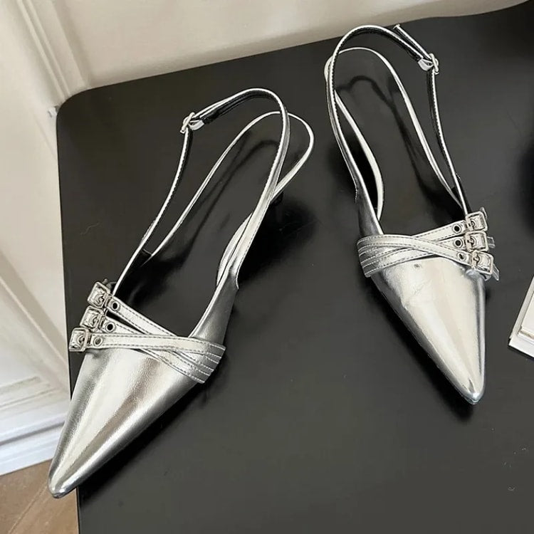 New Arrivals Pointed Toe Women Sandals Fashion Elastic Band Thin Mid Heels Red Black Silver Dress Shoes Woman Fashion
