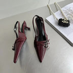 New Arrivals Pointed Toe Women Sandals Fashion Elastic Band Thin Mid Heels Red Black Silver Dress Shoes Woman Fashion