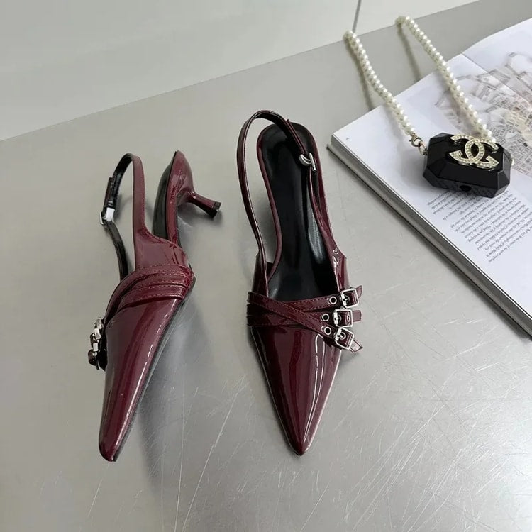 New Arrivals Pointed Toe Women Sandals Fashion Elastic Band Thin Mid Heels Red Black Silver Dress Shoes Woman Fashion