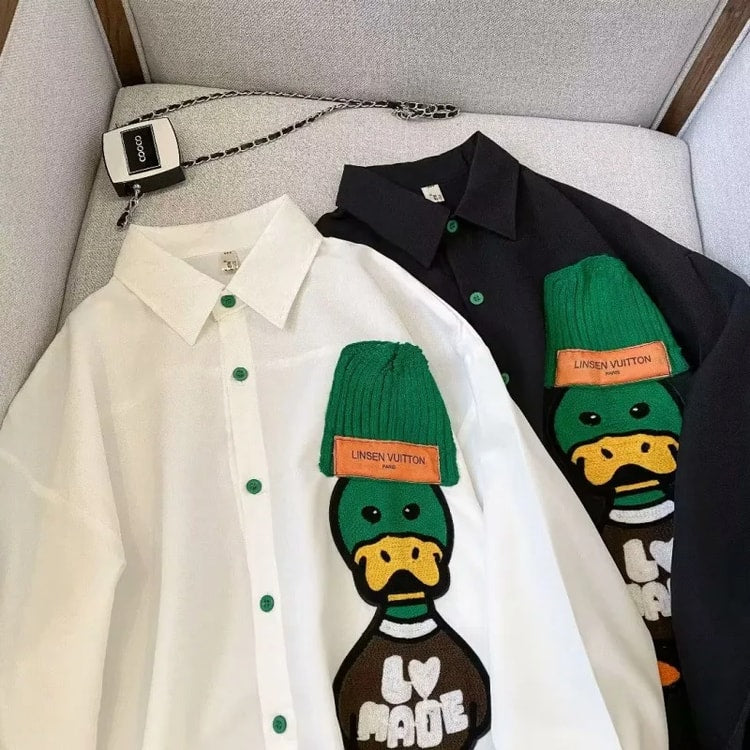 Mens Embroidered Loose Fit Shirt Vintage Artistic Long Sleeve Casual Jacket Design