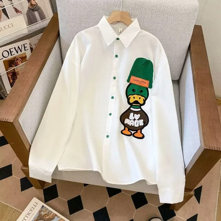 Mens Embroidered Loose Fit Shirt Vintage Artistic Long Sleeve Casual Jacket Design