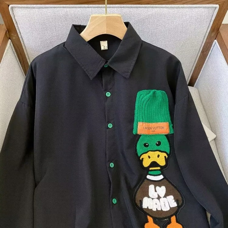 Mens Embroidered Loose Fit Shirt Vintage Artistic Long Sleeve Casual Jacket Design