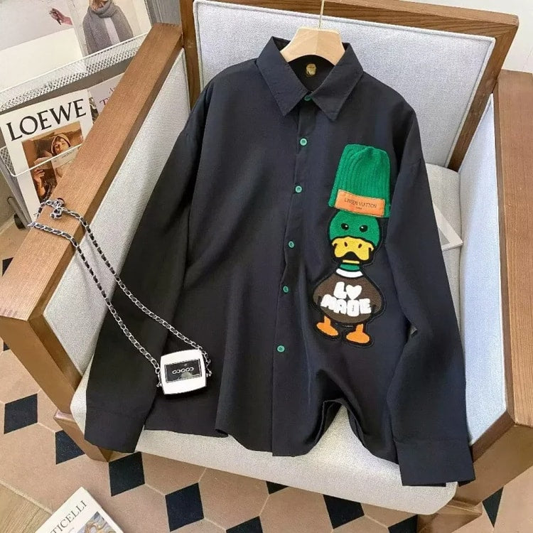 Mens Embroidered Loose Fit Shirt Vintage Artistic Long Sleeve Casual Jacket Design