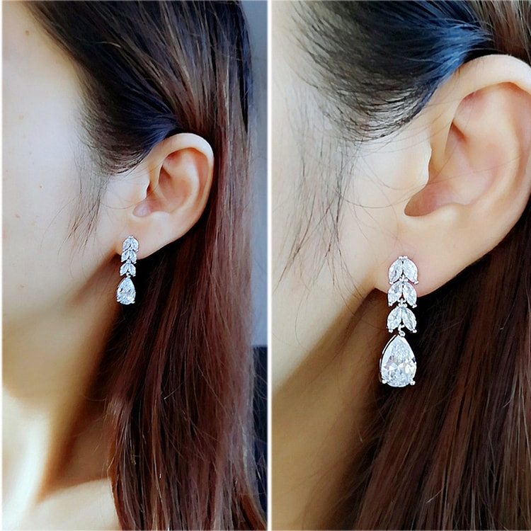 New Fashion Bridal Accessories Women Drop Earrings Wedding Jewelry Leaf Water Drop Shape Cubic Zirconia